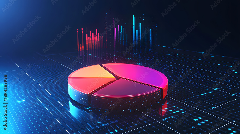 Poster floating analytics and pie chart visualization in a digital workspace futuristic environment data an