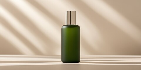A minimalist, high-angle studio shot of a stylish, green-tinted glass bottle of skincare or cosmetic product on a neutral background.