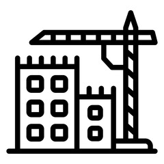 Industrial crane and buildings line icon, construction concept. Vector graphics. Crane with new houses, real estate sign on white background, style mobile or design.