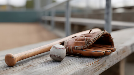  A baseball glove and bat on a dugout bench, professional sport concept, Generative AI