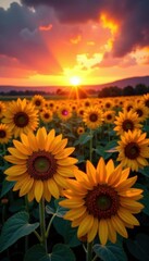 Fototapeta premium Sun-kissed sunflowers reach towards a fiery sunset, creating a breathtaking vista , golden hour, yellow