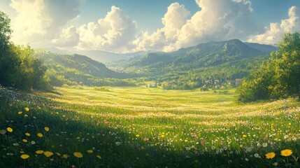 Vibrant Wildflower Meadow in Sunny Mountain Valley