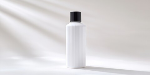 A minimalist shot of an elegant cylindrical bottle with a sleek, black cap, standing under subtle shadows. This simple.