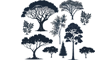 Hand-Drawn Tree Silhouettes Collection | Botanical Forest Elements, Nature Shapes, Black and White Vector Trees for Eco Projects, Landscape Design, Clipart, Illustrations"