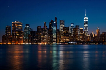 Fototapeta premium Stunning cityscape at night showcasing illuminated skyscrapers, glowing streetlights, and a peaceful urban skyline under a clear dark sky.