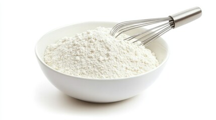 White Flour in Bowl with Whisk for Baking and Cooking Applications on Clean Background
