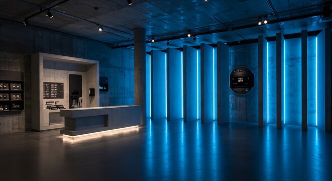 Backlit blue panels with concrete texture walls, polished floor in modern setup, futuristic showroom