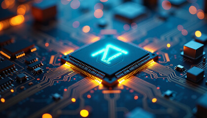Glowing microchip on circuit board, blue futuristic technology