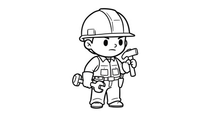 Cute Chibi Construction Worker Coloring Sheet with Helmet & Tool - Simple Building Theme