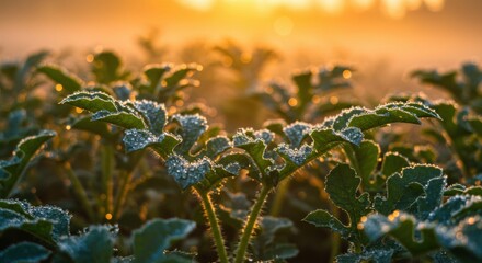 Obraz premium Morning sunlight illuminating dew-covered plants in a tranquil field at sunrise, showcasing nature's beauty - watermelon leaves plant