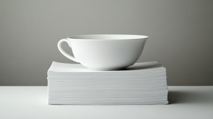 Minimalist Design of White Bowl on Stack of Blank Paper in Soft Natural Light Setting