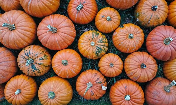 Top view of bunch of pumpkins