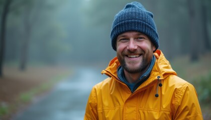 A joyful man wearing a bright yellow jacket and a cozy beanie stands in a serene, foggy forest. His infectious smile radiates warmth and positivity, inviting viewers to embrace the beauty of nature