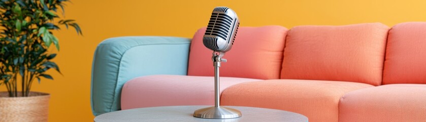 Retro Microphone on Modern Table with Cozy Couch Background in Vibrant Living Room Setting