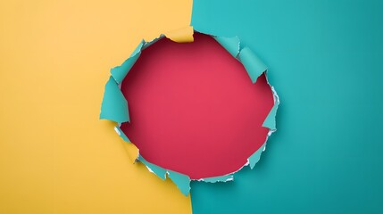 Torn Paper Hole Red Background Yellow Teal Colors Abstract Design
