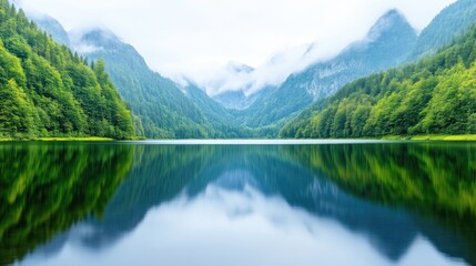 Serene mountain lake reflecting lush forests