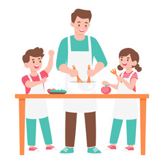 Happy Family Cooking Together in Cozy Kitchen with Smiling Father and Children Preparing Meal Isolate on white
