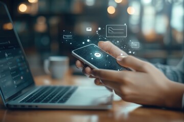 Mobile communication, digital workspace, and workflow. Hands hold a phone, displaying communication icons and cloud storage symbols while working at a desk with a laptop
