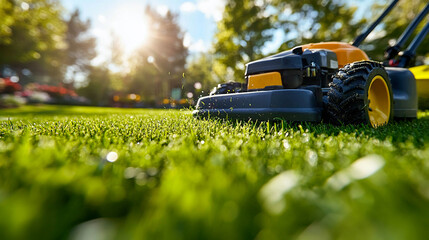 A lawn mower working on a green lawn.