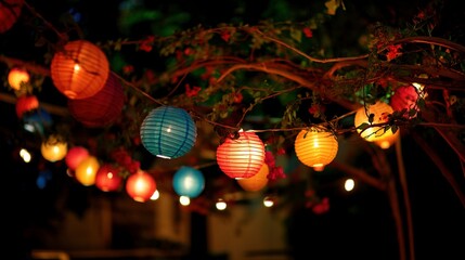Leuchtende Lampions, Partybeleuchtung bei einer Gartenparty im Sommer 