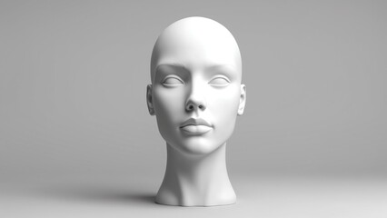 A white plastic mannequin head, a 3D abstract sculpture of a woman's face, isolated
