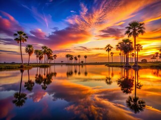 Obraz premium Florida Coastal Wetlands at Sunset Stunning Silhouette of Palm Trees Against a Vibrant Sky