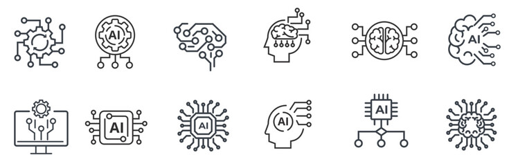 Set of Black and White Thin Line Artificial Intelligence Icons 