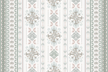 Seamless elegant vintage damask pattern with soft pastel floral elements and vertical stripes. Ideal for textile design, wallpaper, home decor, and classic-themed projects.