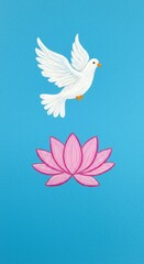 Obraz premium White dove flying above pink lotus flower on blue background