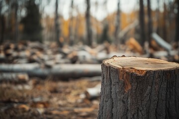 Fototapeta premium A close-up of a tree stump in a deforested area, with a blurred background of fallen trees.
