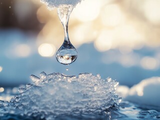 A close-up of a water droplet falling from a melting icicle, with a blurred background of snow.