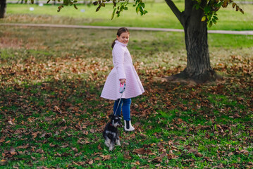 Young girl walking miniature schnauzer dog in autumn park