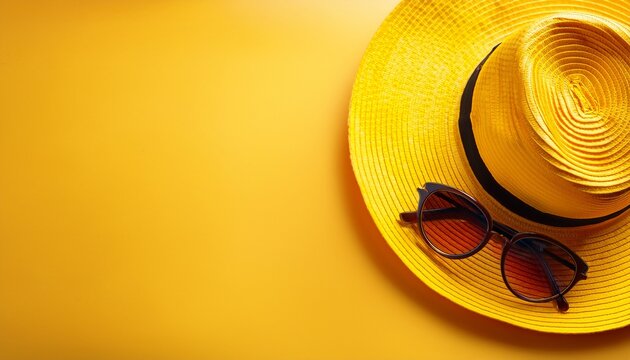Bright yellow sunhat with sunglasses on vibrant yellow background with copy space for summer design or creative seasonal template layout use. Generated image
