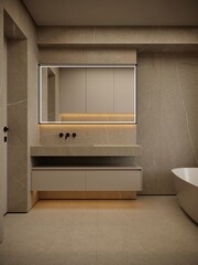 Modern bathroom interior, modern bathroom cabinet, white sink, wooden counter, bathroom accessories and toilet, 3D rende