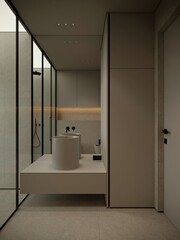 Modern bathroom interior, modern bathroom cabinet, white sink, wooden counter, bathroom accessories and toilet, 3D rende