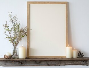 Styled Frame Mockup with Flowers and Candles on Rustic Shelf