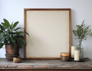 Display Mockup with Wooden Frame and Decorative Plants on Rustic Table