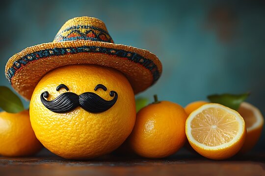 Still life Orange fruit with mustache, sombrero hat on wooden surface against blue background