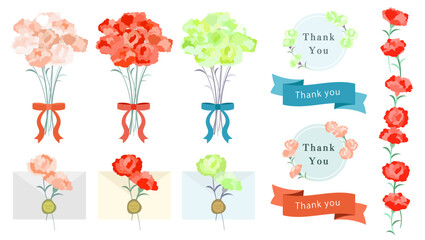 母の日のデザインセット アイディア(ベクターイラスト 編集可能 シンプル カーネーション 花束 ギフト mother's day)	