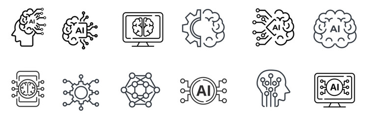 Set of Black and White Thin Line Artificial Intelligence Icons