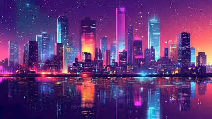 Obraz premium A futuristic city skyline with reflective skyscrapers, digital screens, and neon lights at night