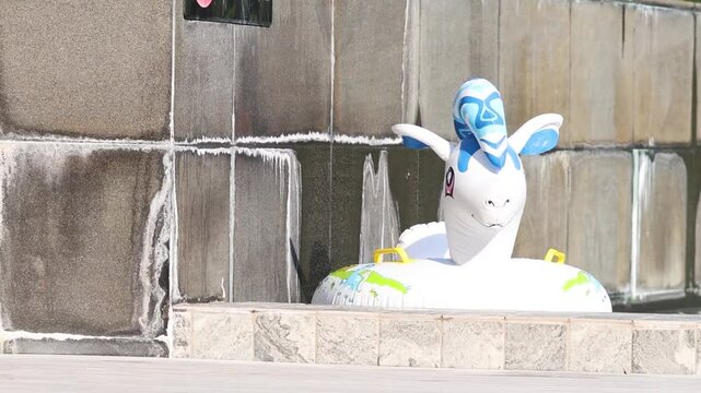 Inflatable Unicorn Near Poolside Wall