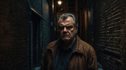 Obraz premium Older man looks angry in dark alley. Brick walls line narrow passageway with single light above at night. Man wears brown jacket and dark shirt.