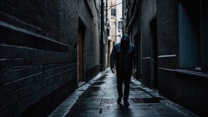 Dark alleyway with wet stones. Figure walks in hooded jacket through narrow street between tall buildings, dark mood