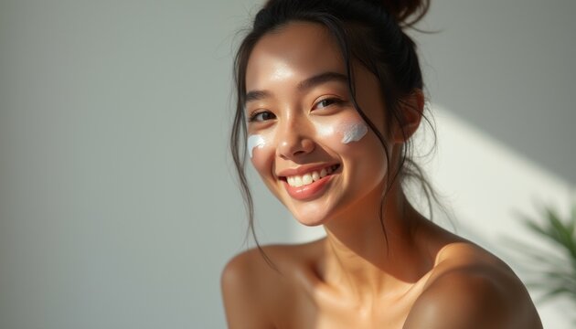 A joyful young woman with glowing skin is applying cream to her cheeks, radiating confidence and beauty. The soft sunlight highlights her features, creating a warm and inviting atmosphere that - Powered by Adobe