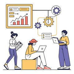 AI Technology Set: Characters Utilizing Generative AI Tools for Business, Content Creation, Marketing, and Automation Tasks. Vector Illustration Depicting Modern Workflows Enhanced by Artificial Intel