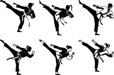 karate black and white silhouette set