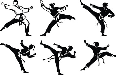 karate black and white silhouette set