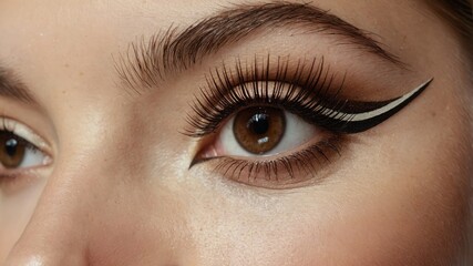 Close up brown eye with long dark lashes and black white eyeliner. Eye is open showing detail on brow and skin.