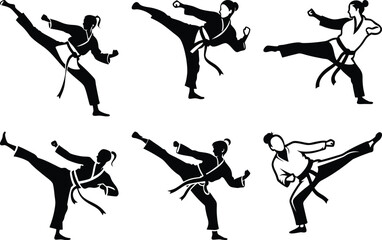 karate black and white silhouette set